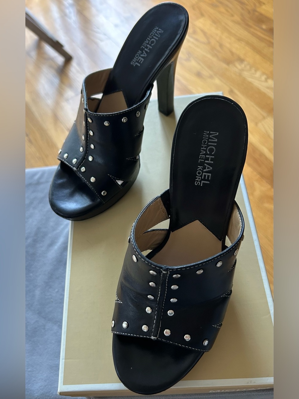 Michael Kors Astor Cut Out Slide Black Leather Studded High-Heel Mules
